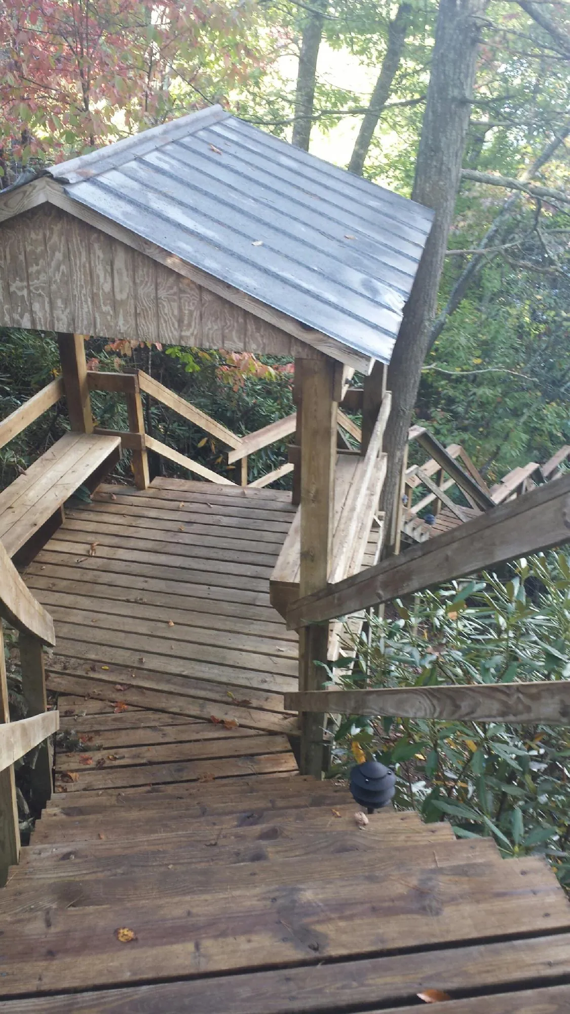 Metal roofed shelter over wooden steps on a wooded walkway — Skylight Repair & Installation work by our crew in Candor